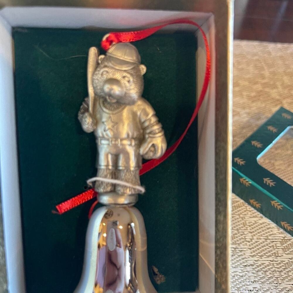 Wallace silversmiths pewter bell christmas ornament teddy baseball player Bear